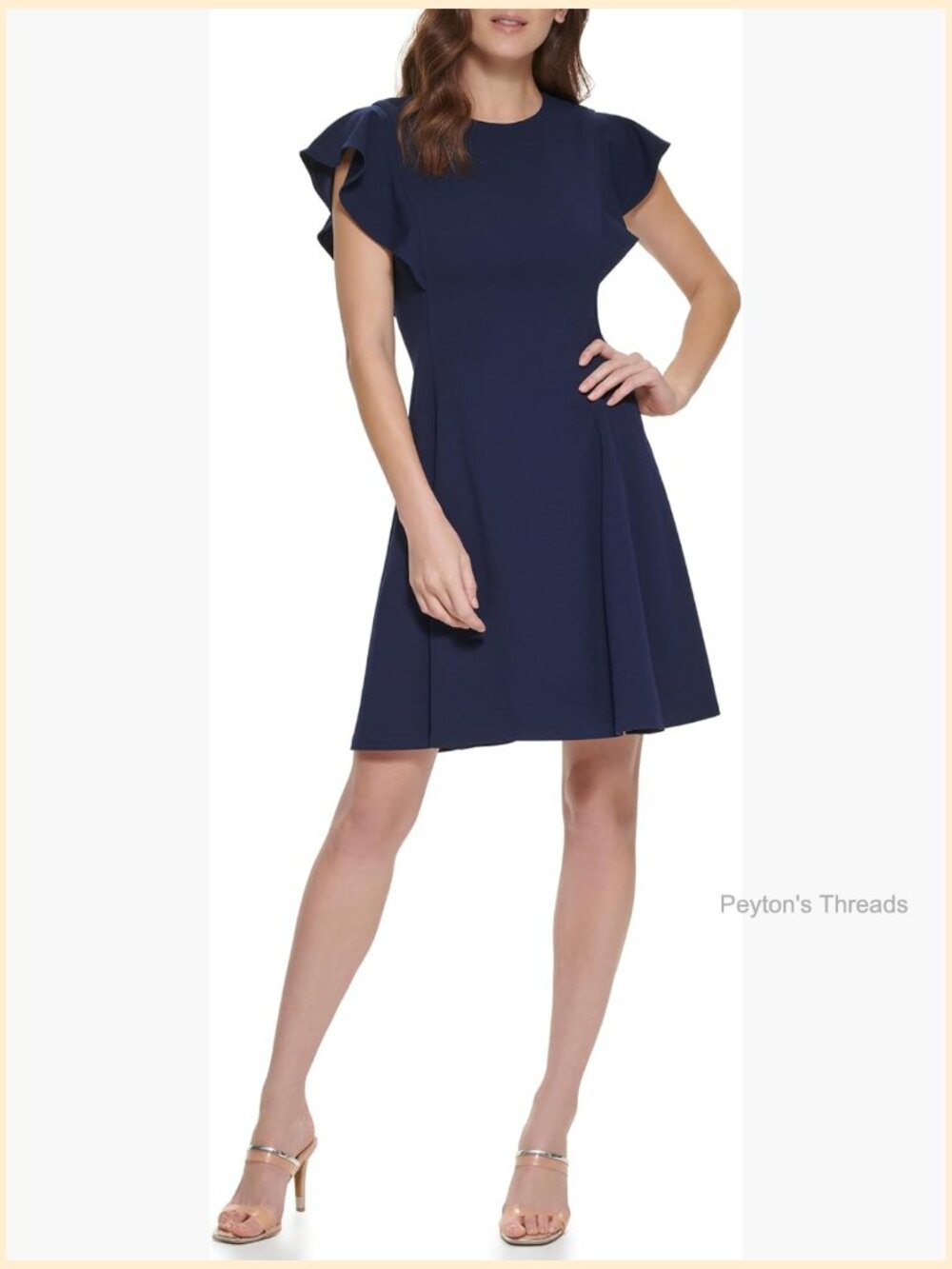 Flutter Sleeve Scuba Crepe Jewel Neck Dress - Knee-Length Cocktail Dress - Picture 1 of 4
